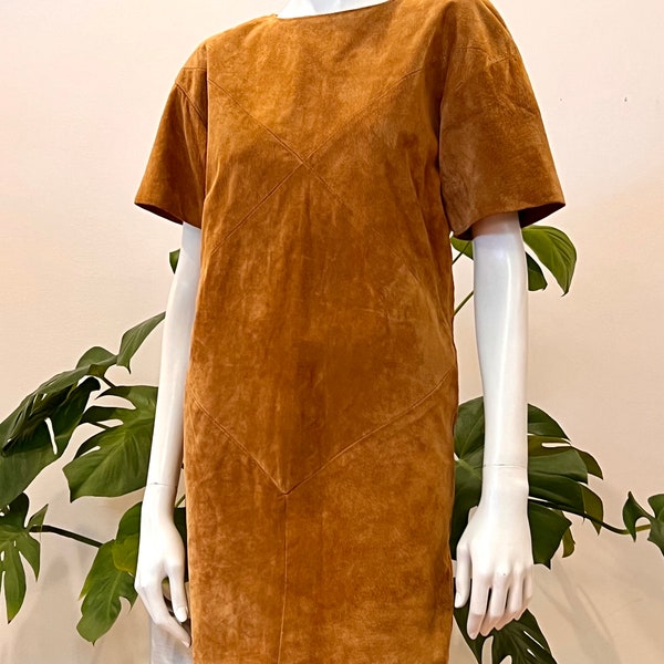 vintage pieced caramel suede shift tunic dress 80s
