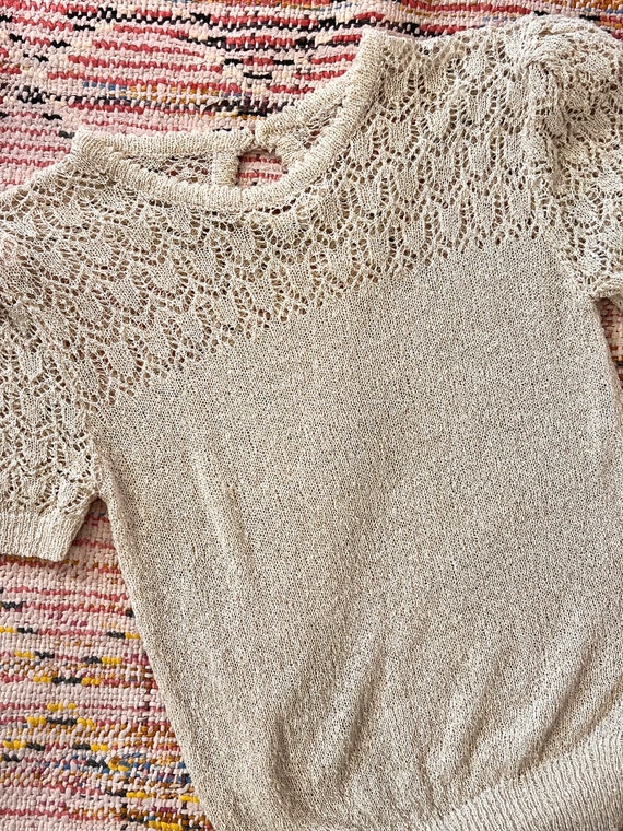 vintage ecru open pointelle knit top 70s - image 3