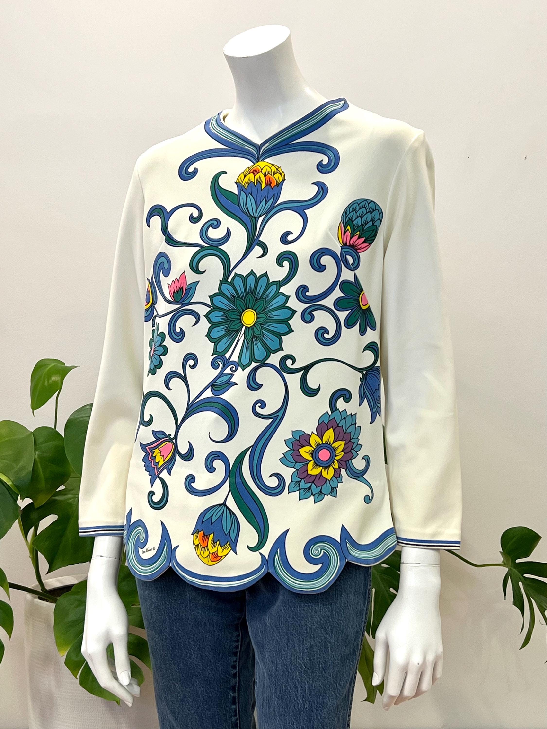 トップス 60s single face foodie Vintage Mr. Dino Psychedelic Floral Print Knit Top W/ Scalloped