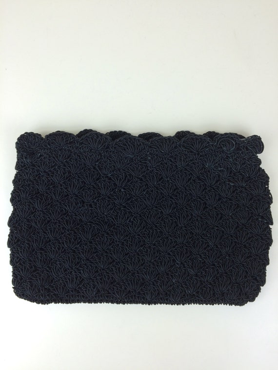 vintage black crocheted corde clutch handbag 50s - image 2