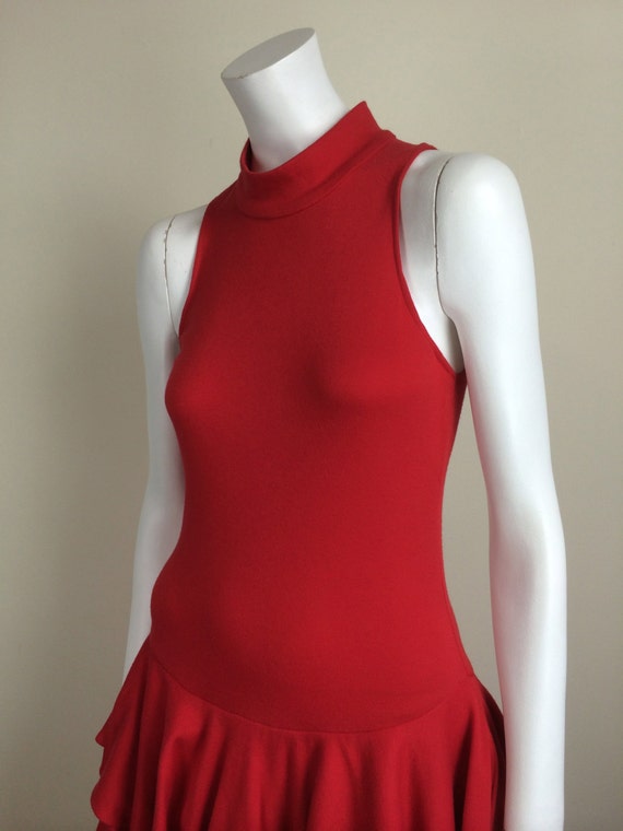 vintage red knit racerback dress w/ tiered ruffle… - image 3