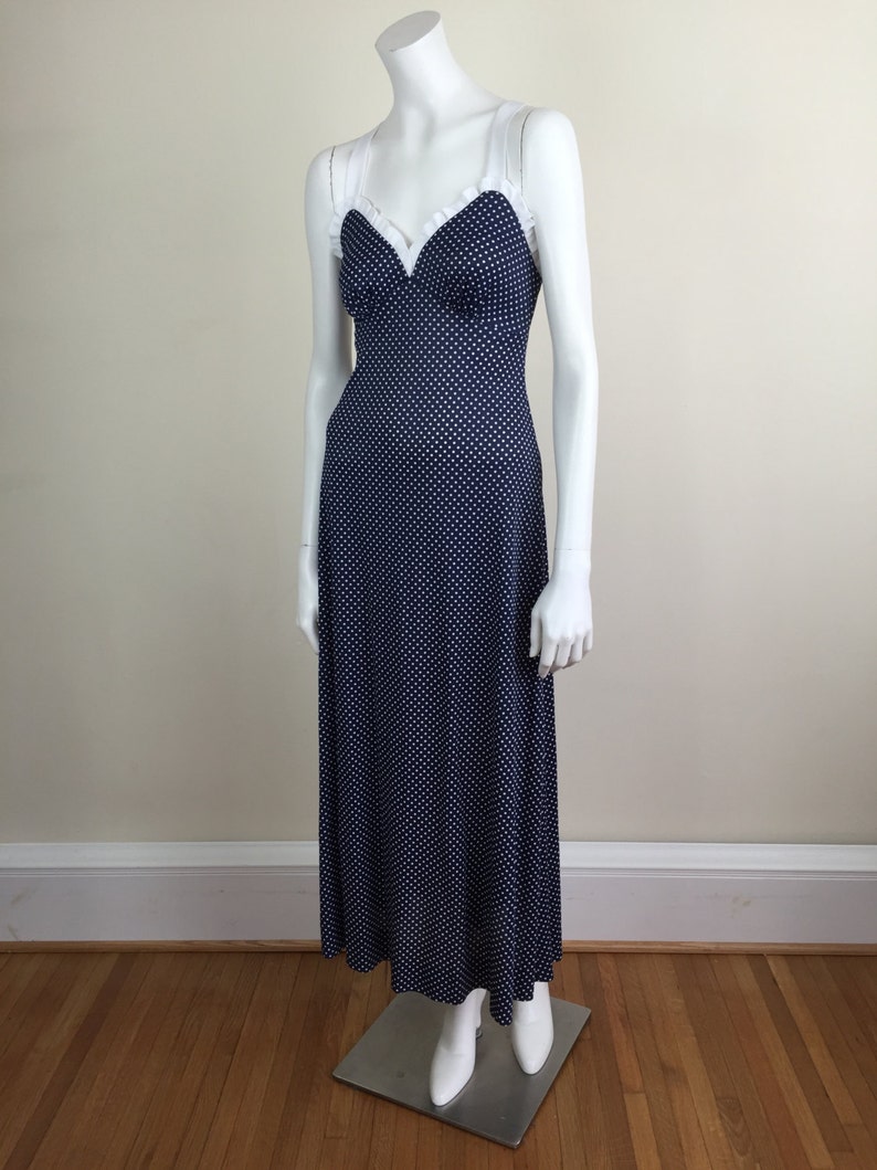 navy and white polka dot maxi dress