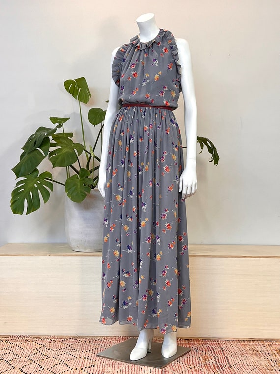 Vintage Saks Fifth Avenue Dove Grey Floral Print Silk Chiffon Ruffled Halter Neck Gown W/ Pockets 80s