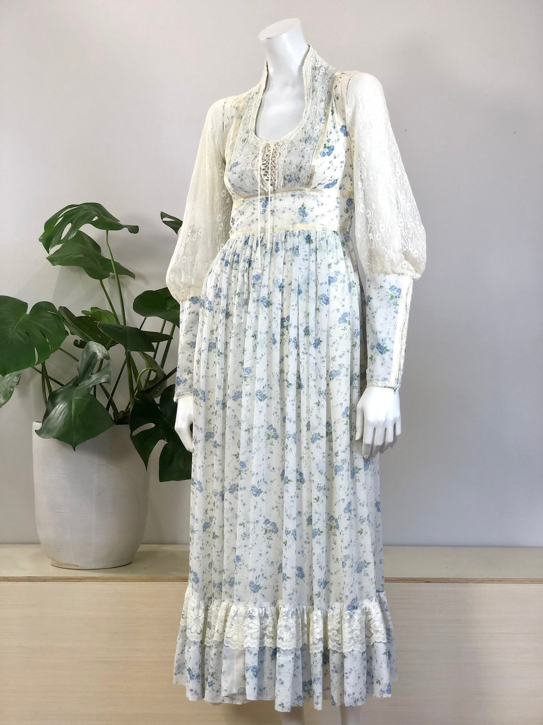 Vintage Gunne Sax Joseph Magnin Floral Cotton Voile Lace up Corset ...
