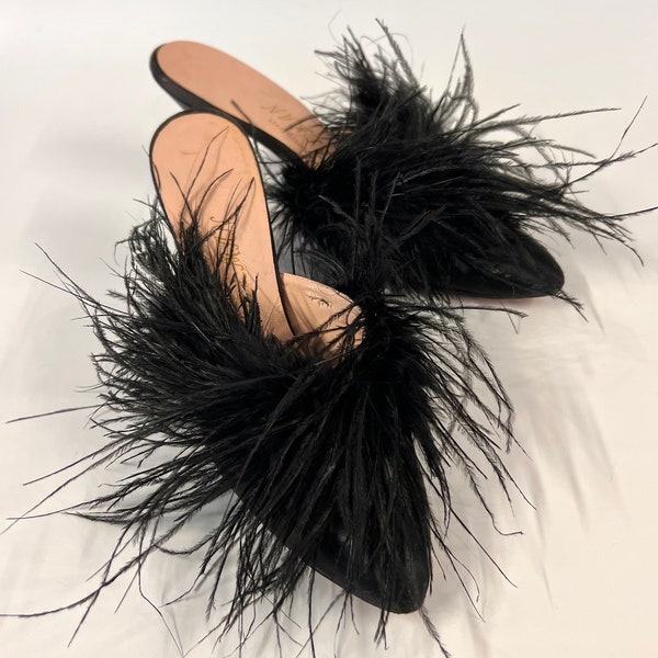 vintage Delman black ostrich feather trimmed satin mules w/ stiletto heels 50s