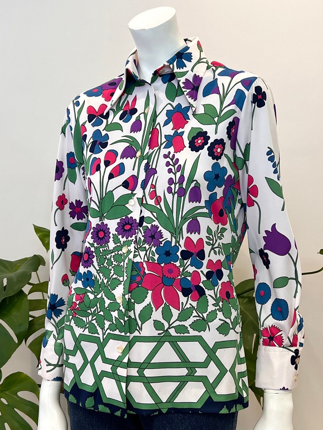 通販 Vintage Etsy - 70s Blouse Knit Jersey Print Flower Bright Lanvin トップス