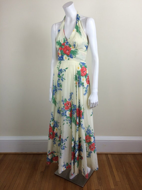 vintage bright flower print halter maxi dress 70s - image 2