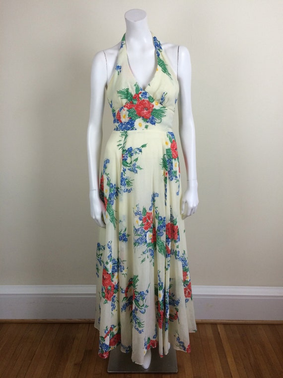 vintage bright flower print halter maxi dress 70s - image 3