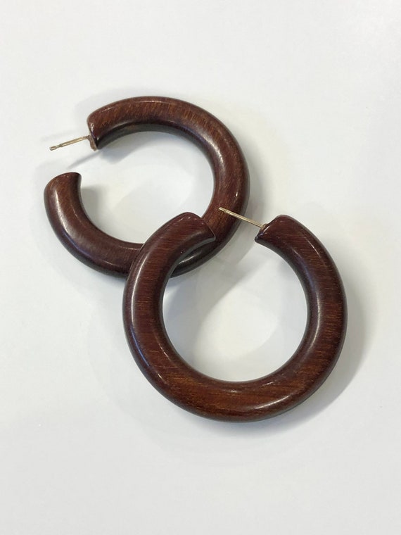 vintage dark rosewood handmade hoop earrings 70s - image 2