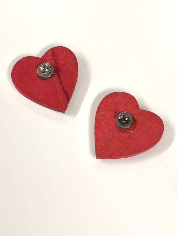 vintage handmade cherry red wood heart earrings 8… - image 4