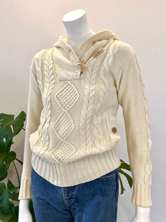vintage ivory cable knit hooded pullover sweater … - image 4