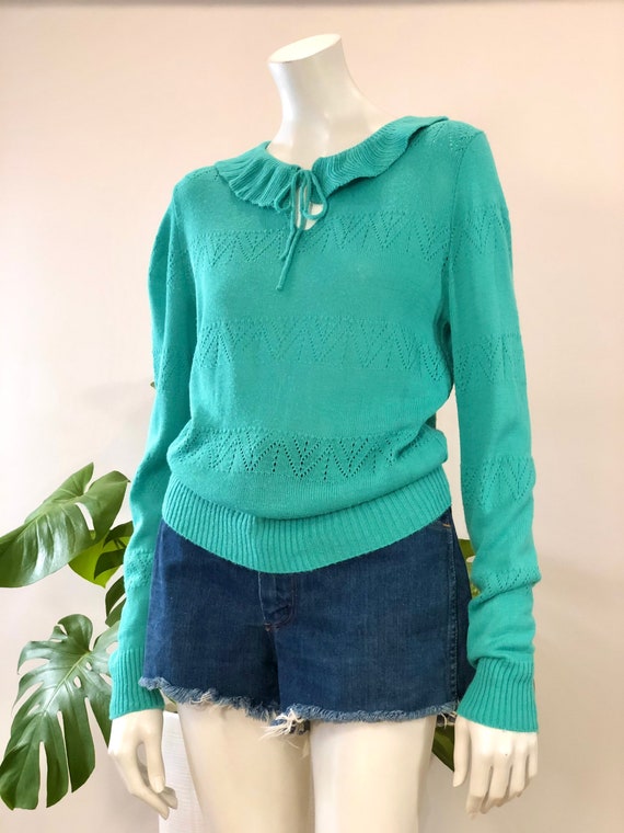 vintage turquoise green pointelle knit lightweigh… - image 2