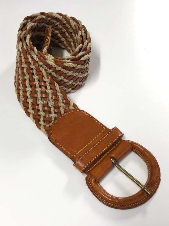 vintage wide leather & rope cord braided belt 80s - image 1