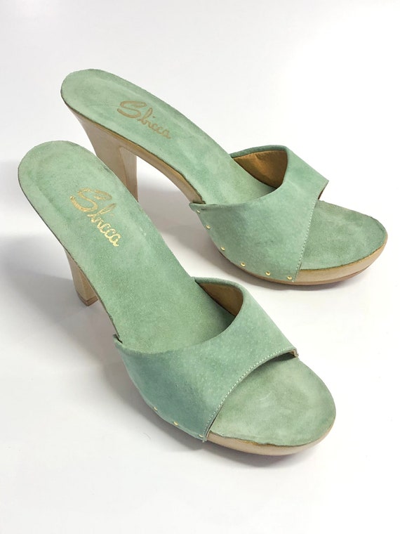 vintage Sbicca mint green suede mule high heel pla