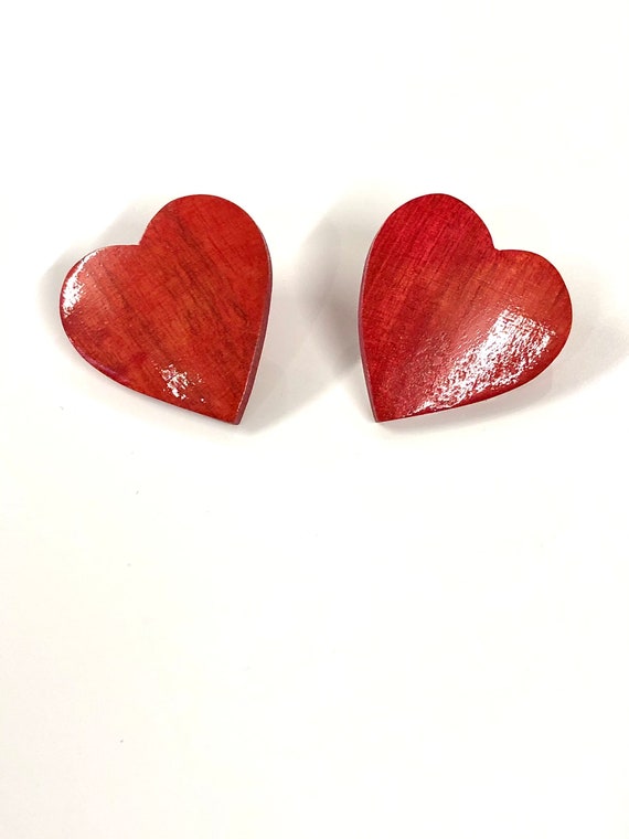 vintage handmade cherry red wood heart earrings 8… - image 2