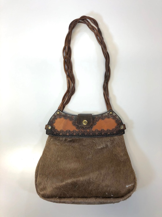 vintage pony calf hair & hand tooled leather handbag … Gem