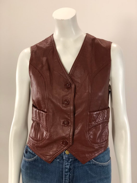 vintage cordovan brown fitted leather vest 70s