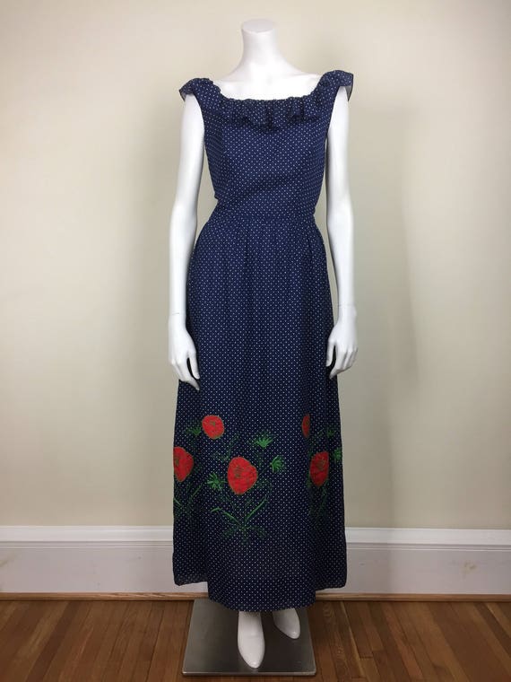 vintage navy polka dot maxi dress w/ embroidered … - image 3