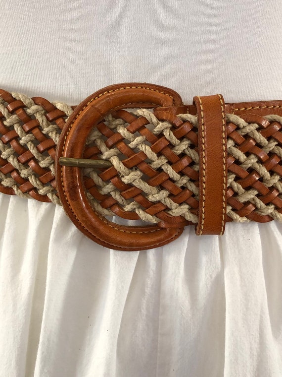 vintage wide leather & rope cord braided belt 80s - image 5