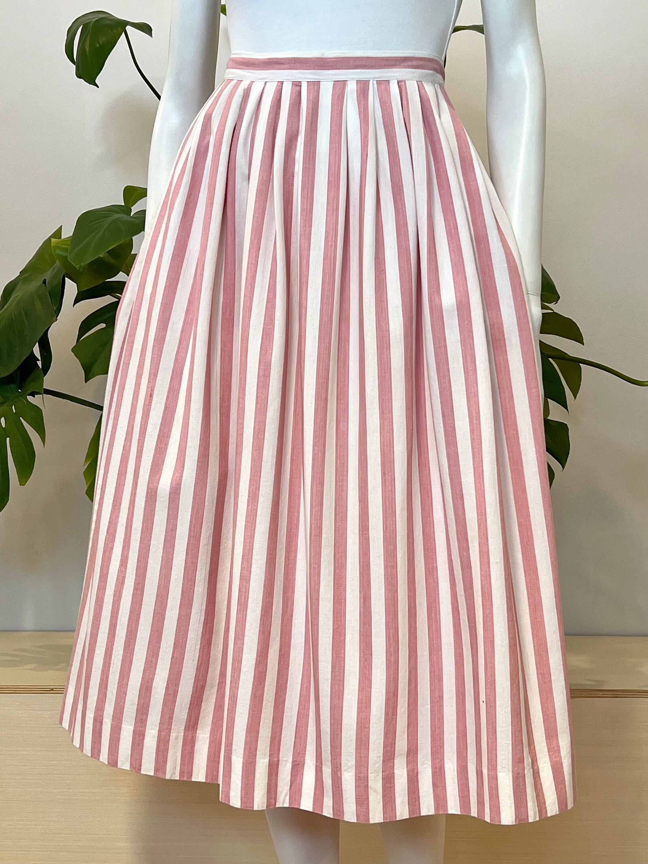 【Anyone more】Tira Cotton Pleats Skirt Vintage Pink & White Striped Cotton Pleated Skirt W/ Pockets