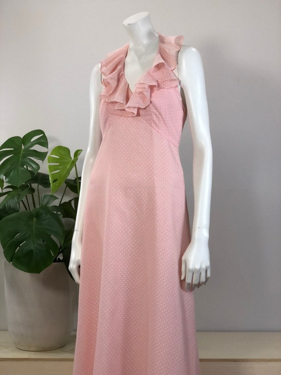 vintage floaty pink polka dot maxi dress w/ ruffle