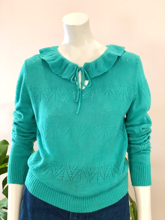 vintage turquoise green pointelle knit lightweigh… - image 4