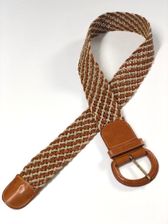 vintage wide leather & rope cord braided belt 80s - image 2