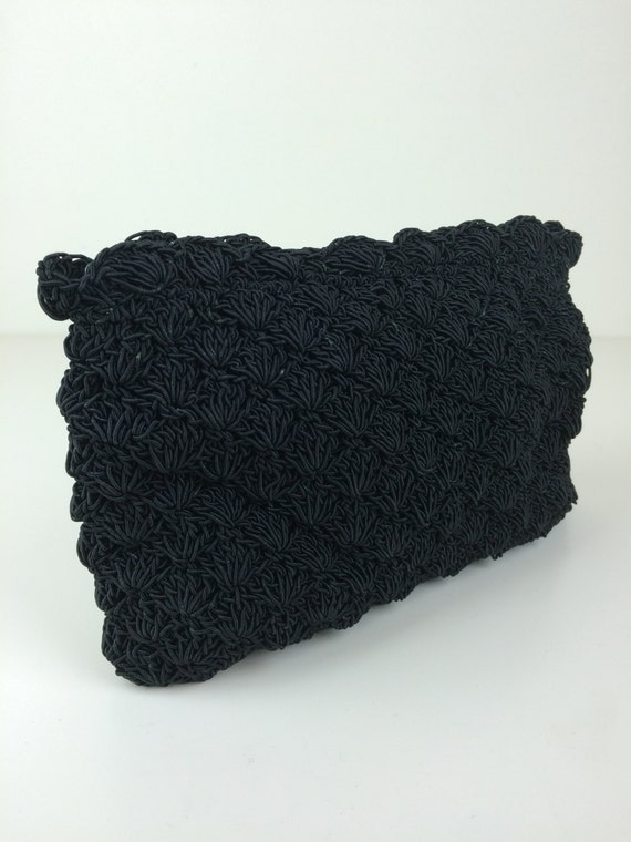 vintage black crocheted corde clutch handbag 50s - image 1