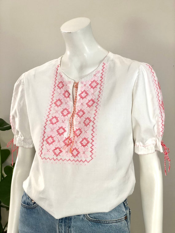 vintage pink hand embroidered white cotton peasant