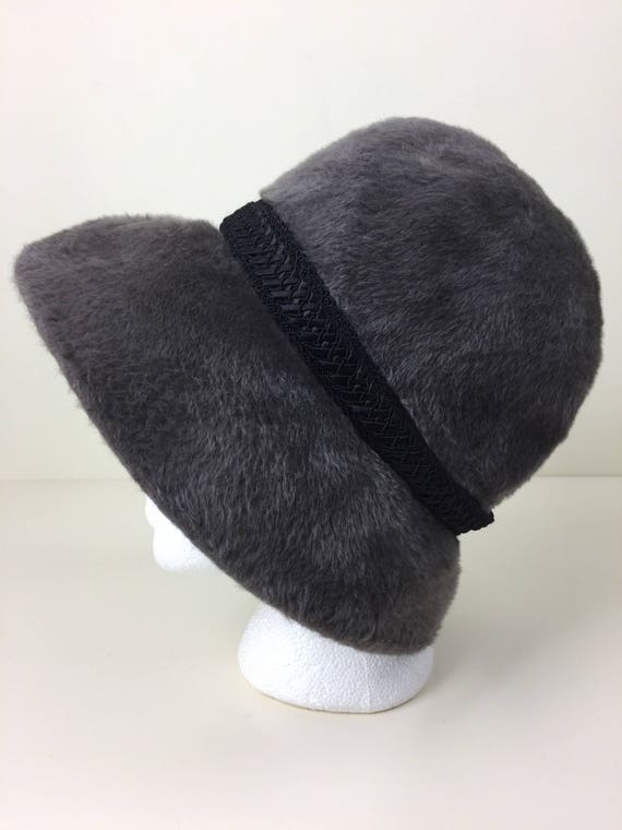 vintage Adolfo grey fur felt wide brim hat w/ bra… - image 3