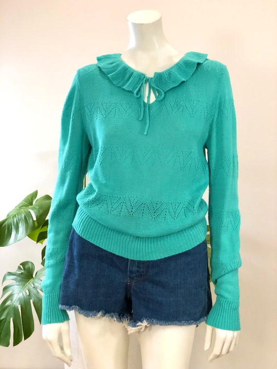 vintage turquoise green pointelle knit lightweigh… - image 6