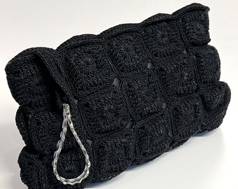 vintage negro crochet abuela cuadrado gimp corde embrague grande con fob lucite 40s