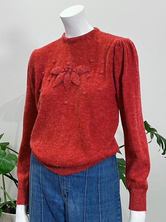 vintage appliqué pompom deep red faux mohair pull… - image 1