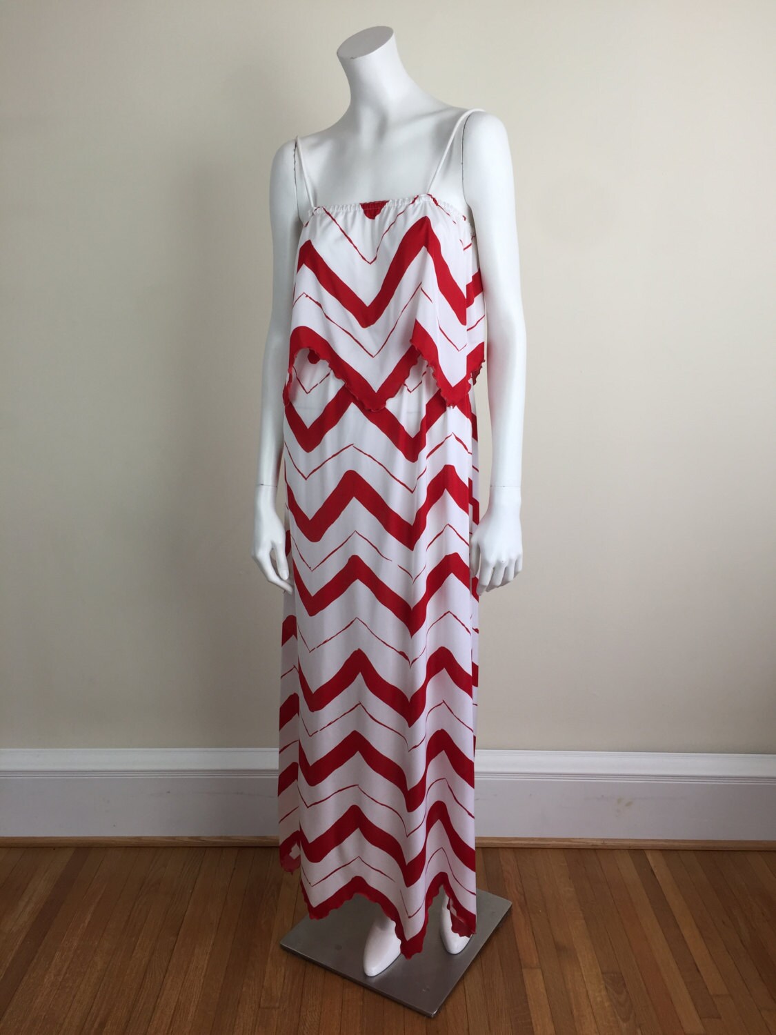 vintage red & White zigzag striped maxi sundress w/ handkerchief hem 70s