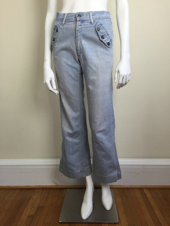 vintage faded denim flares w/ button pockets blue… - image 2