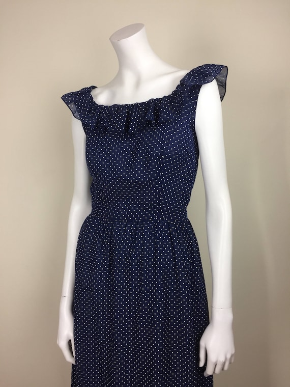 vintage navy polka dot maxi dress w/ embroidered … - image 2
