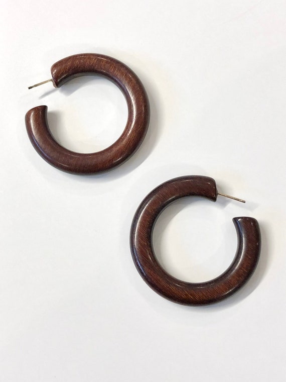 vintage dark rosewood handmade hoop earrings 70s - image 3