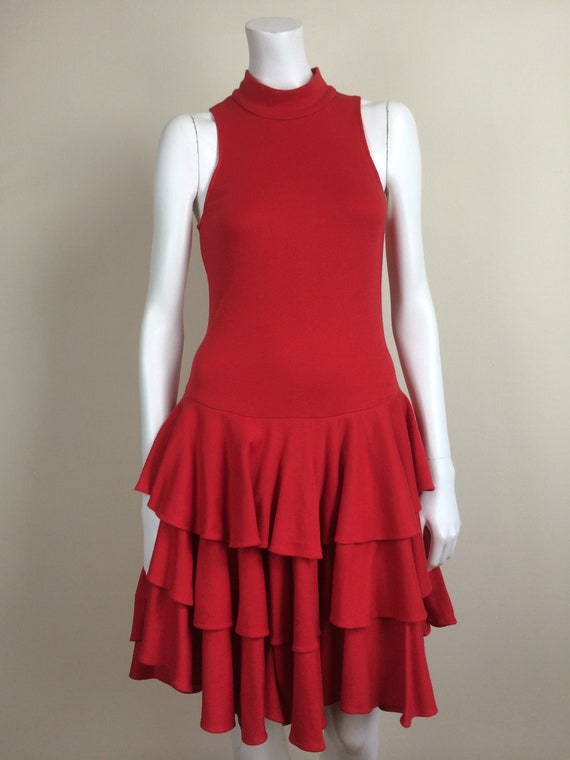 vintage red knit racerback dress w/ tiered ruffle… - image 2