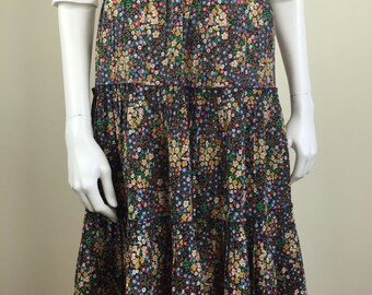 vintage black floral print pleated & tiered prairie skirt 70s