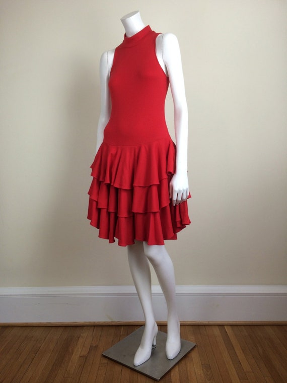 vintage red knit racerback dress w/ tiered ruffle… - image 1