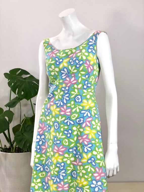 vintage bright pastel flower mod print cotton piq… - image 2