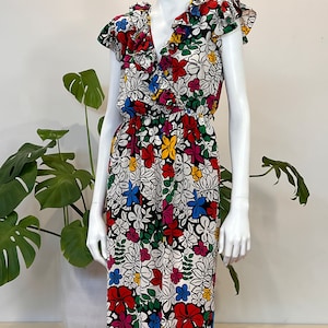 vintage Miss O by Oscar de la Renta graphic floral print silk dress w/ ruffles 80s