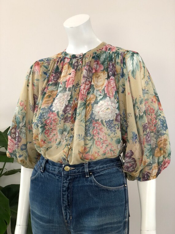vintage sheer floral print full balloon sleeve blo