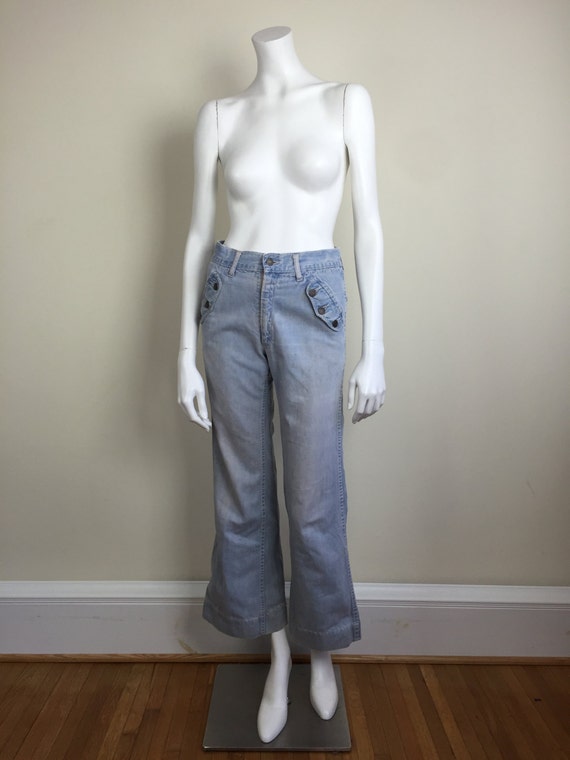 vintage faded denim flares w/ button pockets blue… - image 3