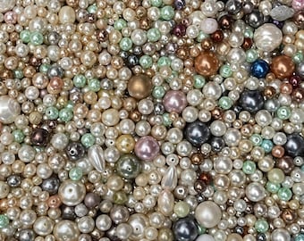 Mixed Pearl Beads Assortment, Cream Champagne Mint Grey Beads, Various Sizes and Shapes, Jewelry Making Supplies, Craft Bead Mix