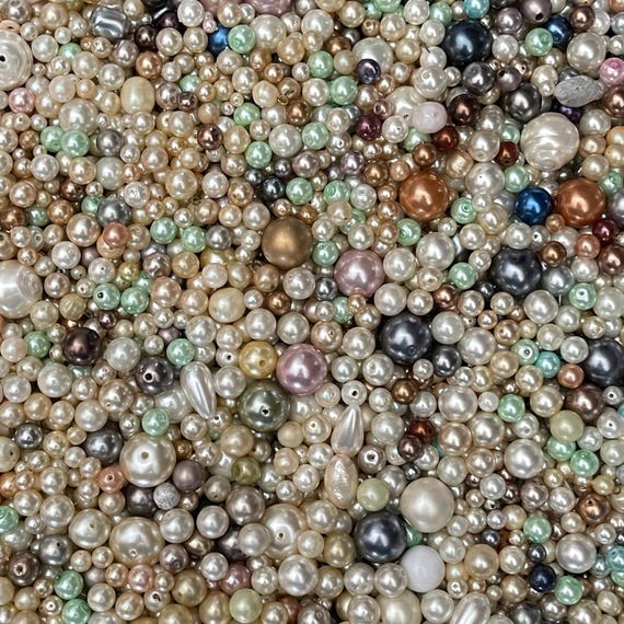 Mixed Pearl Beads Assortment, Cream Champagne Mint Grey Beads, Various Sizes and Shapes, Jewelry Making Supplies, Craft Bead Mix