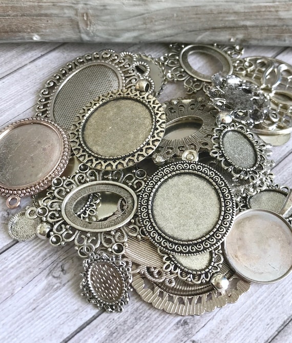 Mix 10 Pcs Tibetan Style Alloy Silver Pendants, Cabochon Settings