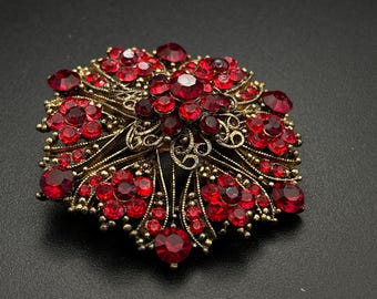 Vintage Red Rhinestone Brooch Large Floral Gold Tone Statement Pin Mid Century Jewelry