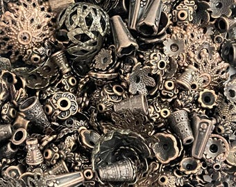 Antique Copper Bead Caps Mix, Filigree Cone End Caps, DIY Jewelry Making