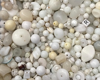 White Bead Mix 70g, Assorted Beads 4 to 20 mm, Mixed Shapes and Sizes, Ivory Cream Beads, Jewelry Making Supplies, Bead Destash